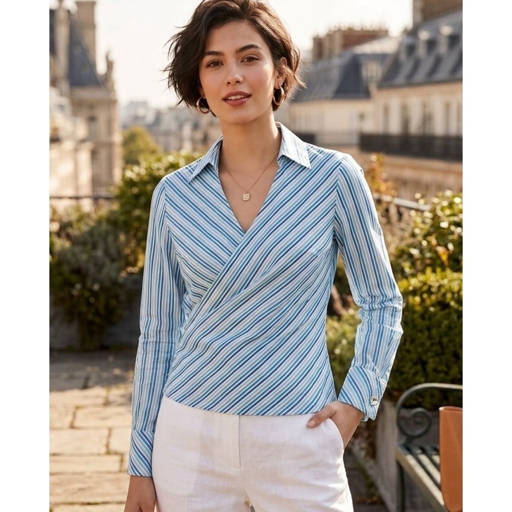 Kye S Blue Striped Wrap Style Blouse Korean Designer Swarovski Crystal Buttons